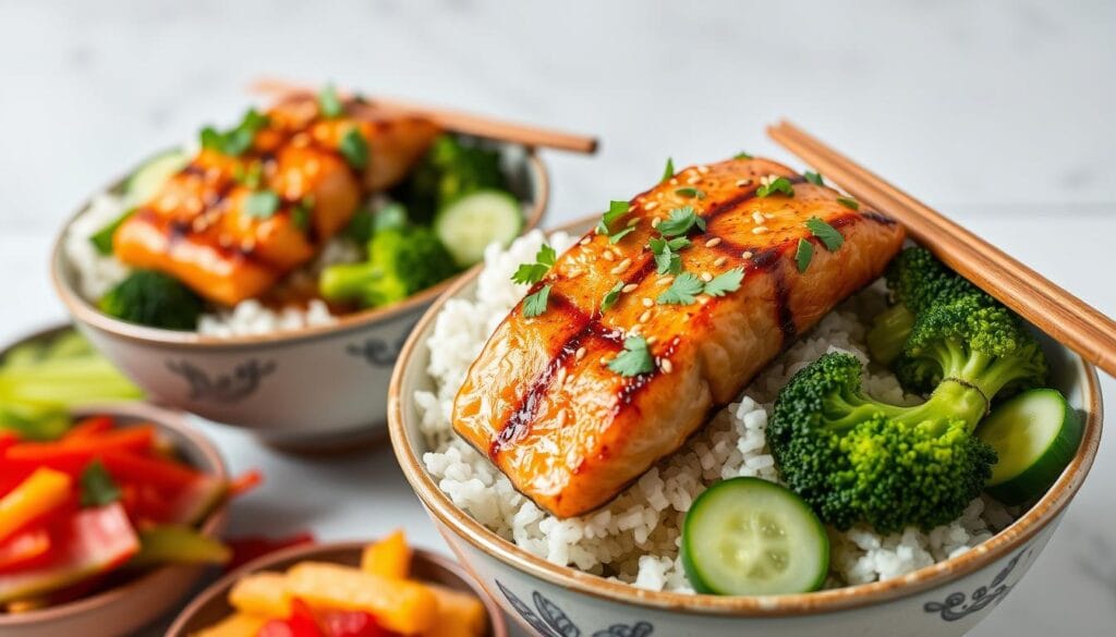 asian-inspired salmon rice bowls