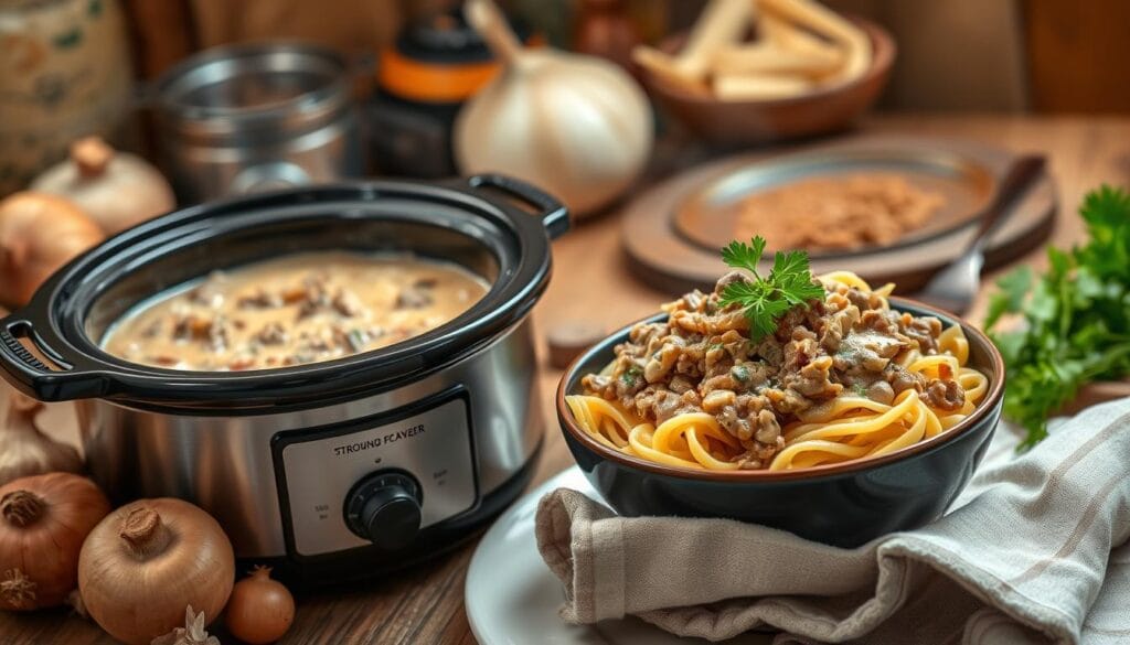 slow cooker ground beef stroganoff